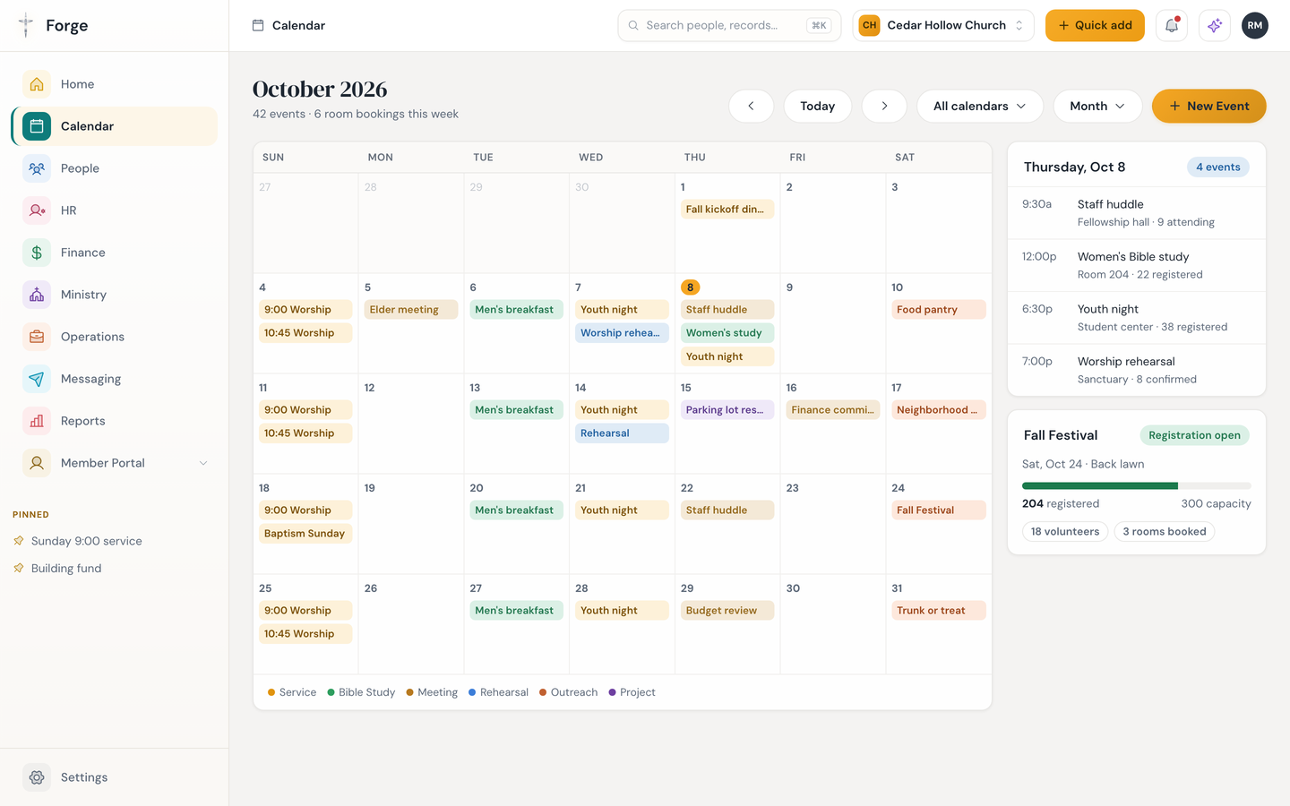 Forge calendar for October with services, Bible studies, meetings and outreach events color-coded by type