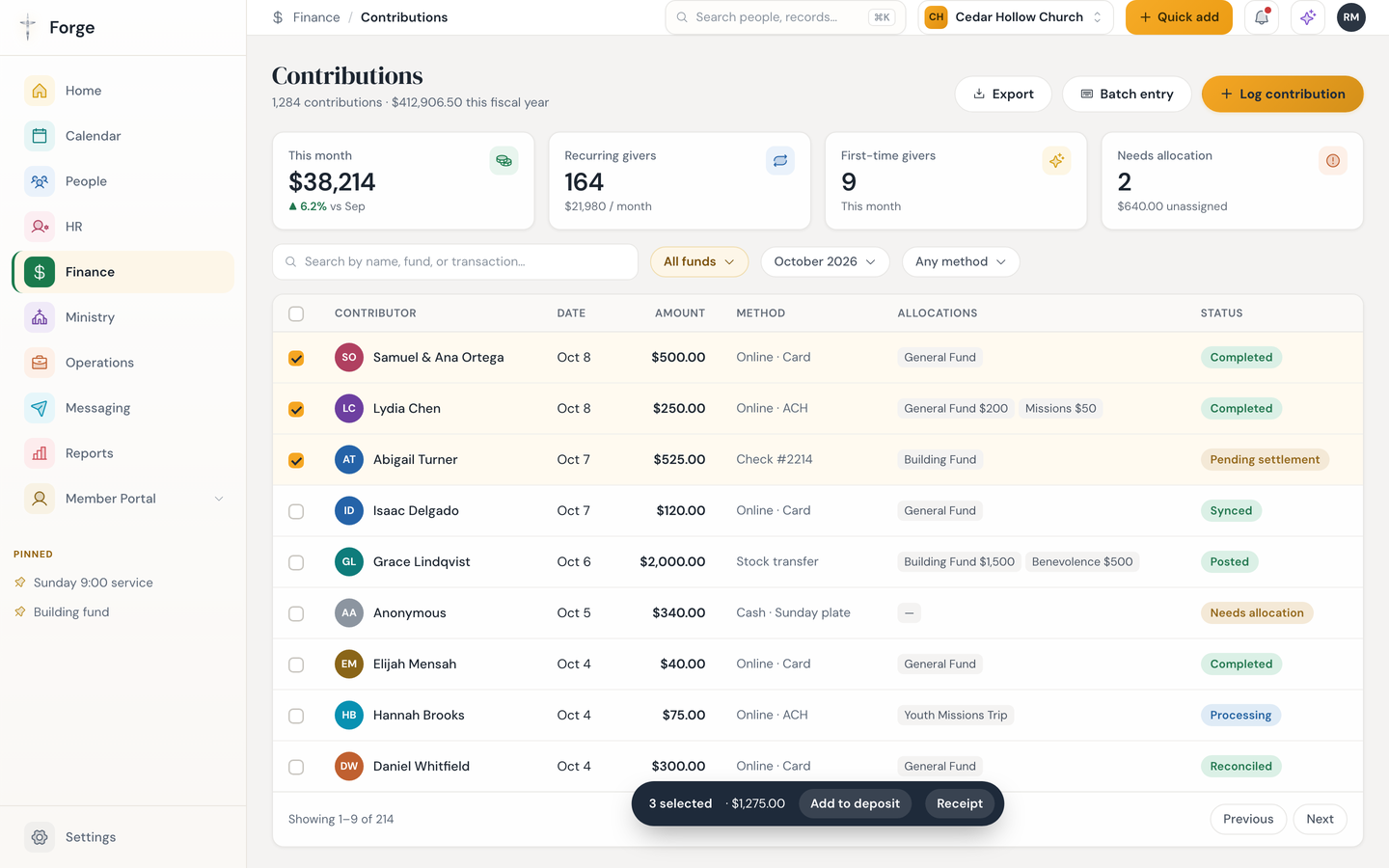 Forge contributions list with gifts split across funds, payment methods and settlement statuses