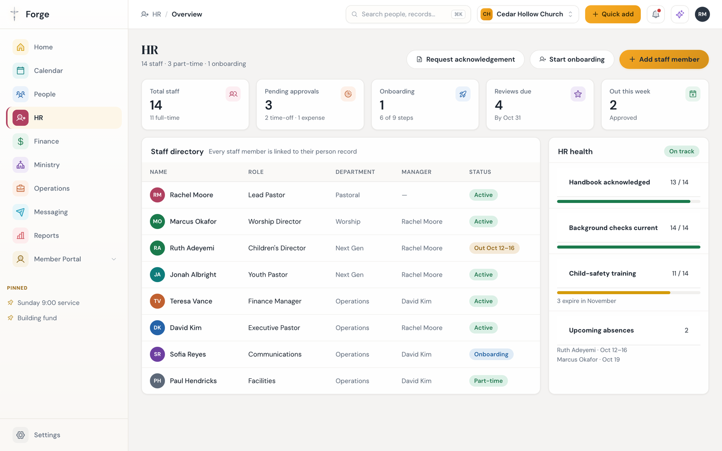 Forge HR overview with staff directory, pending approvals, reviews due and training compliance