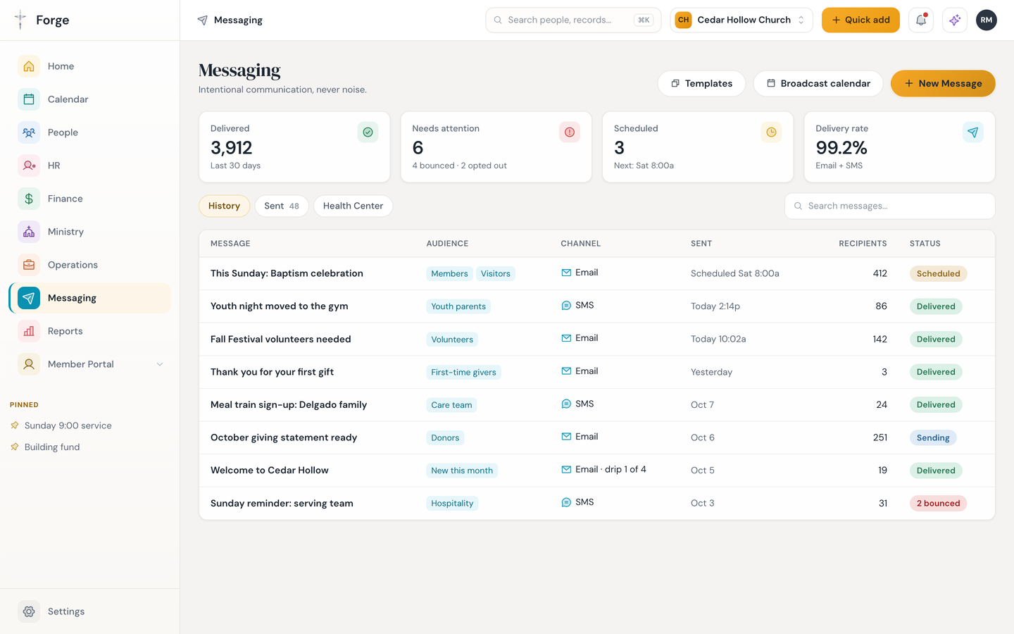 Forge messaging history showing email and SMS sends by audience with delivery status